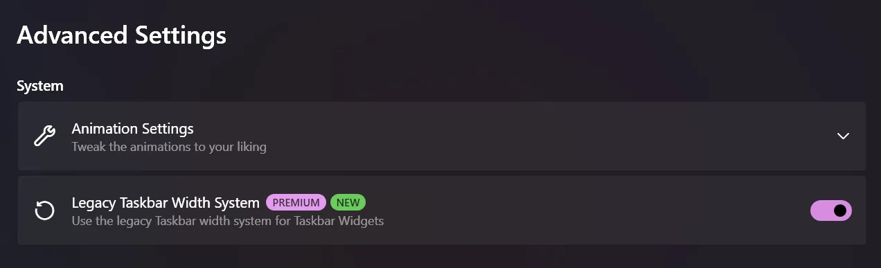 Settings UI displaying the Legacy Taskbar Width System option